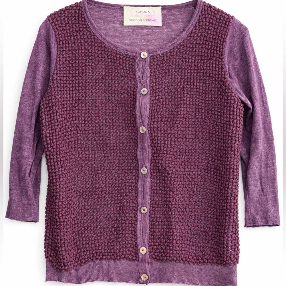 Agnona for Bergdorf Goodman Italian Knit Cardigan Purple Open Weave Button M